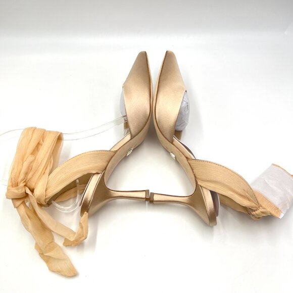 Badgley Mischka Size 6.5 Blaze Beige‎ Nude Tan Latte Satin Heels Pumps Shoes - Picture 10 of 15
